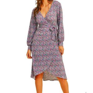 Lush | Floral Moss Crepe Long Sleeve Wrap Dress Blue Purple Multi | Size Medium